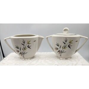 Noritake Cream Bamboo Floral‎ Sugar Bowl with Lid and Creamer Set